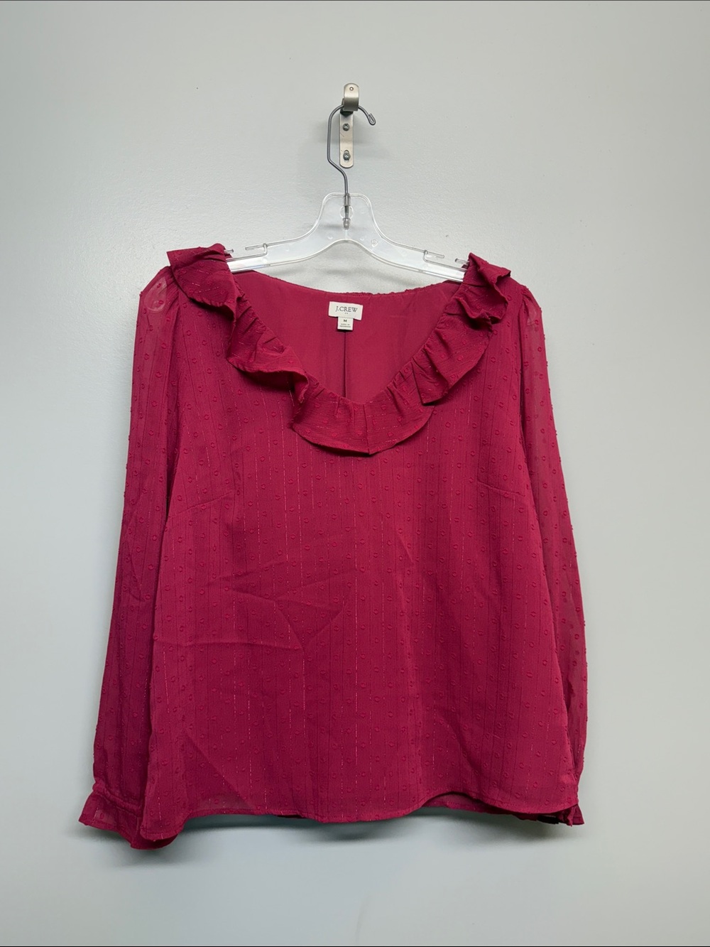 J. Crew Raspberry Pink Ruffle V-Neck Long Sleeve Blouse